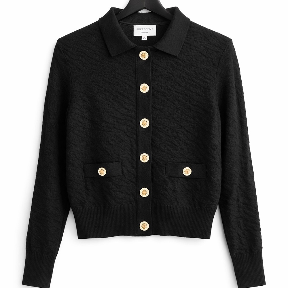 Precedent Los Angeles Black Textured Cardigan Sweater Gold Button Size S/ Chic